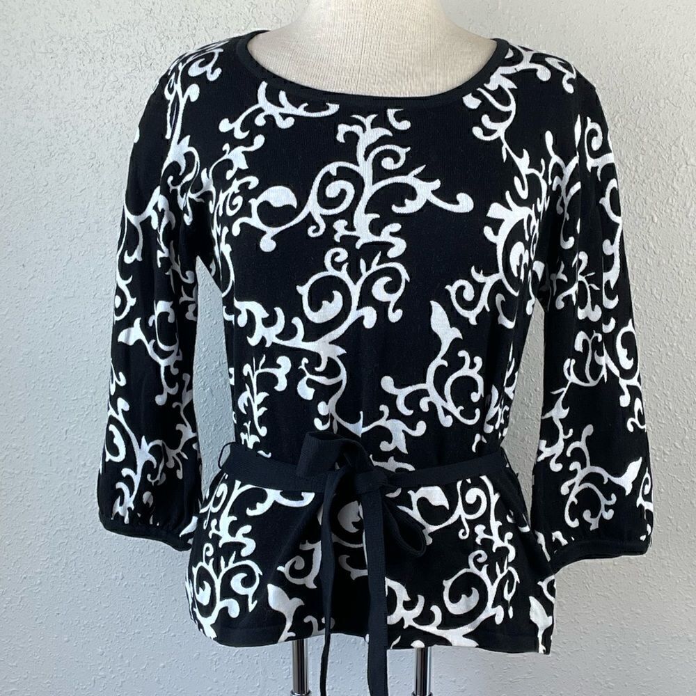 EUC Lifestyle Attitude By Larry Levine Black and White Tie 3/4 Sleeve Blouse L